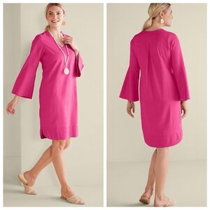Soft Surroundings Soleil Linen Blend Dress Womens Sz XL Pink Bell Sleeves